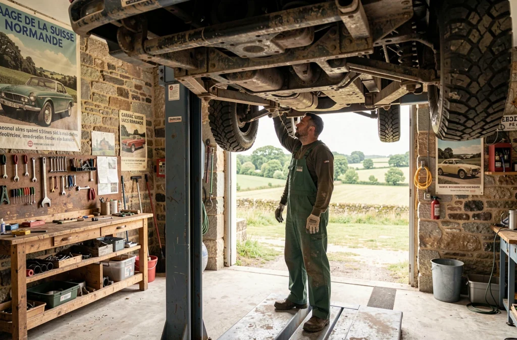 Technicien du Garage de la Suisse Normande à Clécy inspectant le dessous d'un véhicule tout-terrain sur un pont élévateur