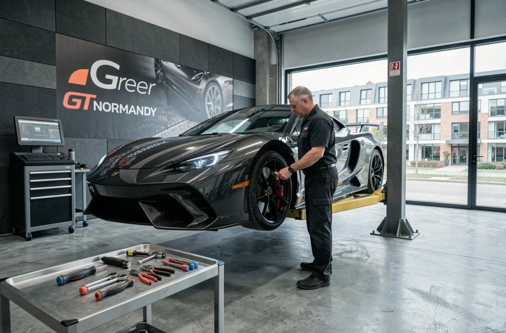 Technicien de GT Normandy à Caen inspectant le système de freins d'une voiture de sport sur un pont élévateur moderne