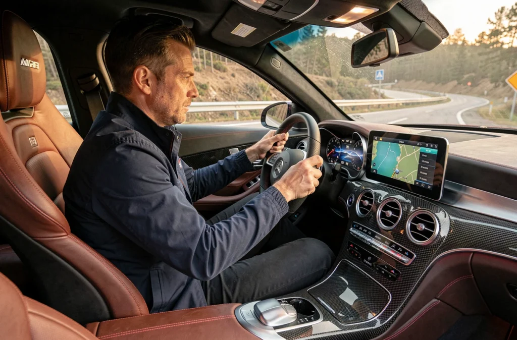 Intérieur de la Mercedes-AMG GLC avec conducteur au volant AMG Performance, détails cuir et fibre de carbone en haute résolution