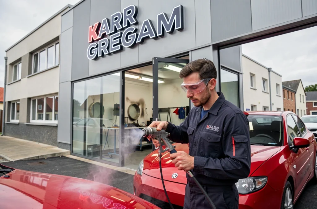 Technicien de KARR GREGAM à Grand-Champ appliquant une peinture carrosserie dans une cabine professionnelle