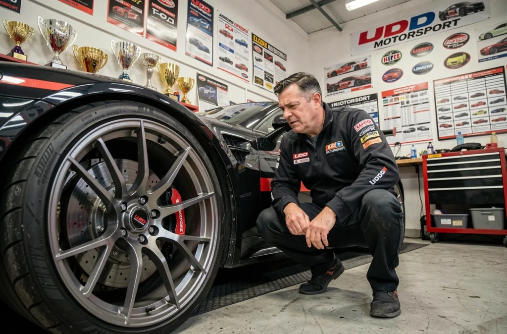 Mécanicien spécialisé en préparation sportive travaillant sur un véhicule de performance chez LUDO MOTORSPORT en Isère