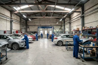 Vue d'ensemble d'un atelier de carrosserie automobile professionnel en Occitanie avec des techniciens au travail