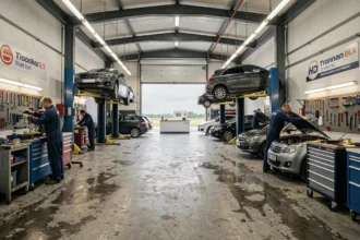 Vue panoramique d'un garage automobile professionnel dans le Calvados avec plusieurs véhicules en cours de réparation