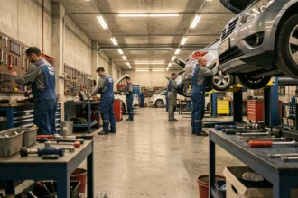 Vue d'ensemble d'un garage automobile professionnel en Isère avec des mécaniciens au travail sur des véhicules surélevés