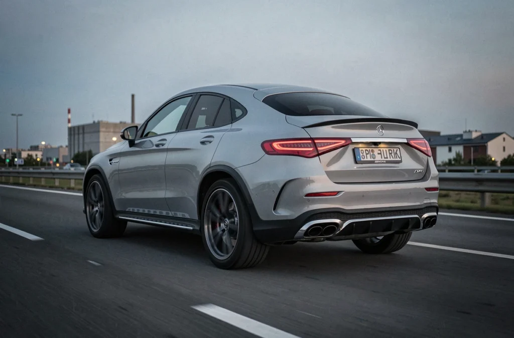 Mercedes-AMG GLC Coupé 43 gris sélénitique vu de l'arrière en trois-quarts sur autoroute au crépuscule, design sportif AMG mis en valeur