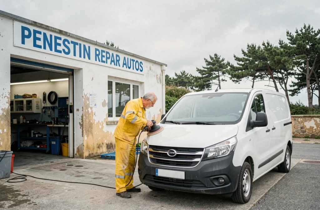 Mécanicien de PENESTIN REPAR AUTOS à Pénestin polissant un véhicule utilitaire devant l'atelier en bord de mer