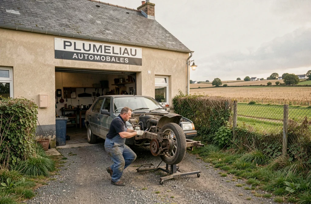 Mécanicien de PLUMELIAU AUTOMOBILES à Pluméliau-Bieuzy réparant un véhicule dans un cadre rural breton