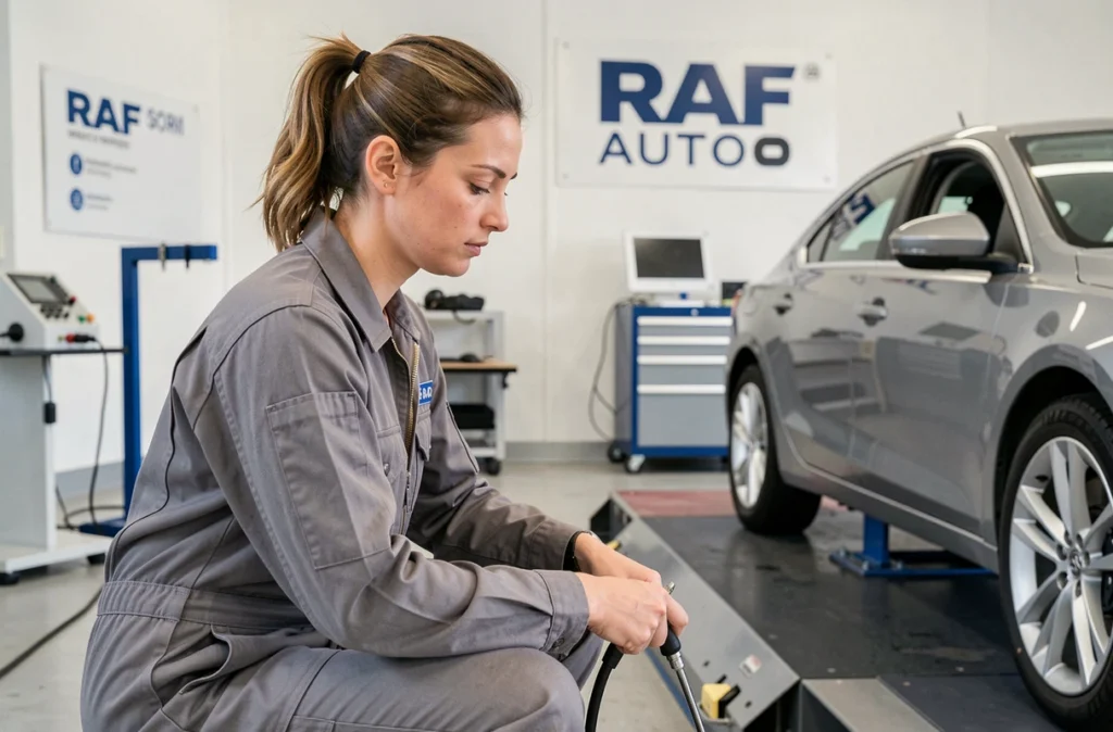 Technicienne automobile réalisant un contrôle d'alignement des roues dans le garage RAF AUTO en Isère
