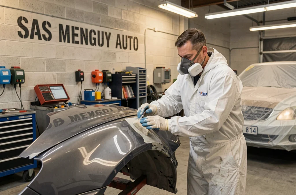 Carrossier de SAS MENGUY AUTO en combinaison blanche appliquant du mastic sur une aile de véhicule accidenté