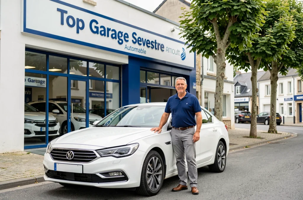Représentant commercial de Top Garage Sevestre Automobile devant une voiture sur le parvis du concessionnaire