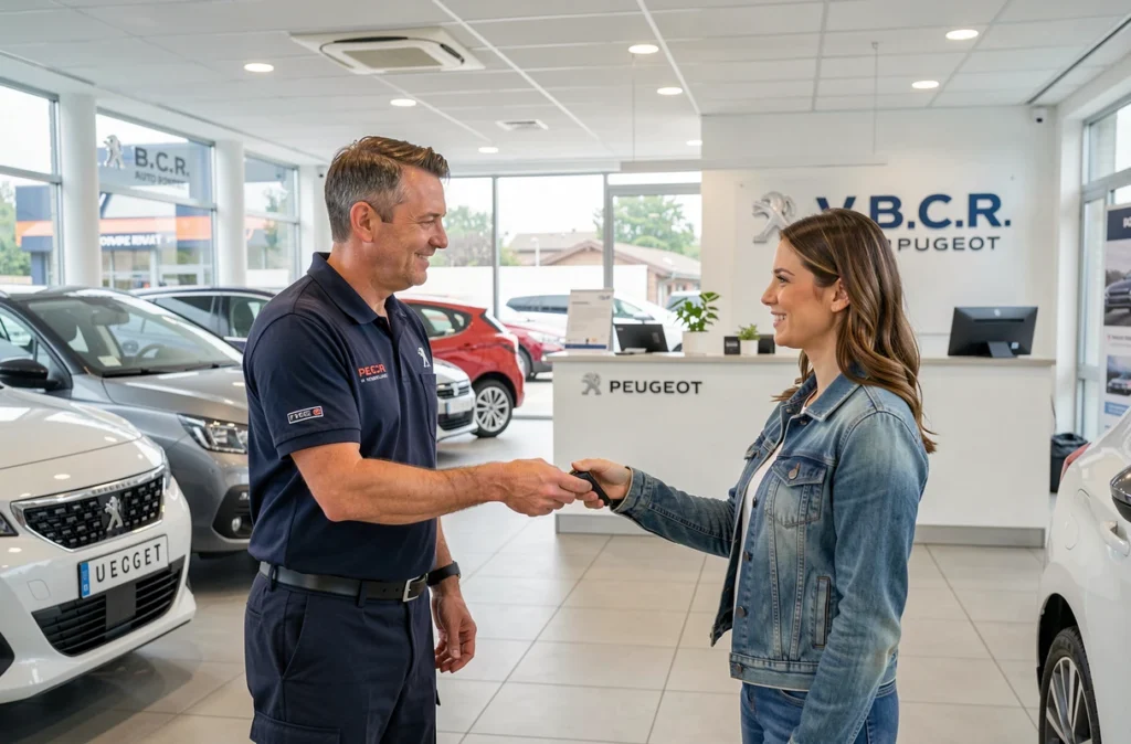 Conseiller Peugeot remettant les clés d'un véhicule réparé à une cliente satisfaite chez V.B.C.R. AUTO PEUGEOT en Isère