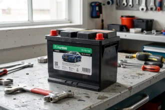 Batterie de voiture neuve posée sur un établi d'atelier