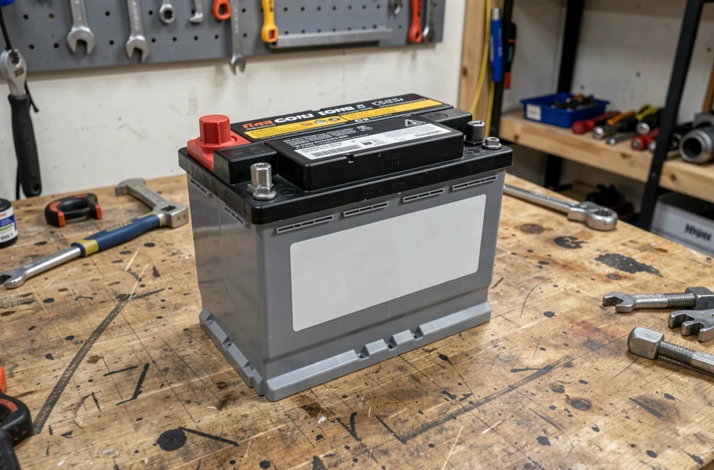 Batterie neuve prête à être montée sur un établi