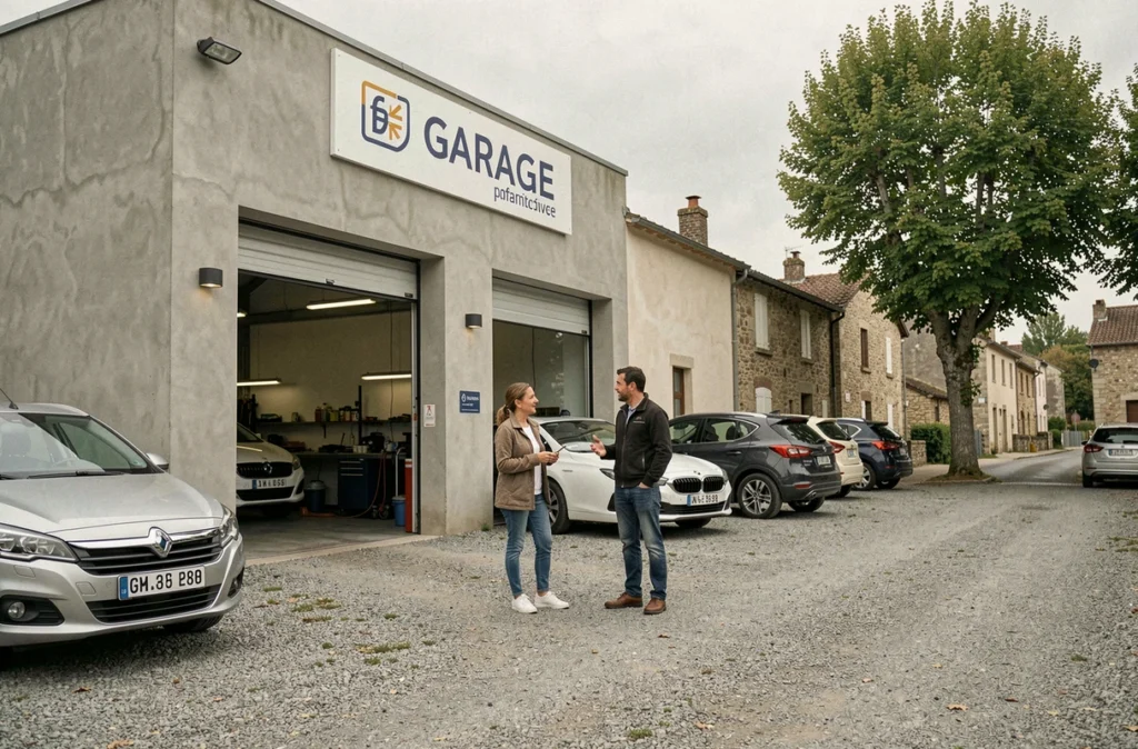 Façade d'un garage automobile de l'Allier avec une cliente et un conseiller discutant devant l'entrée