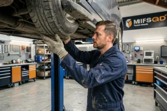 Mécanicien professionnel inspectant un véhicule dans un garage automobile moderne de l'Allier