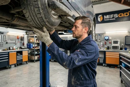 Mécanicien professionnel inspectant un véhicule dans un garage automobile moderne de l'Allier