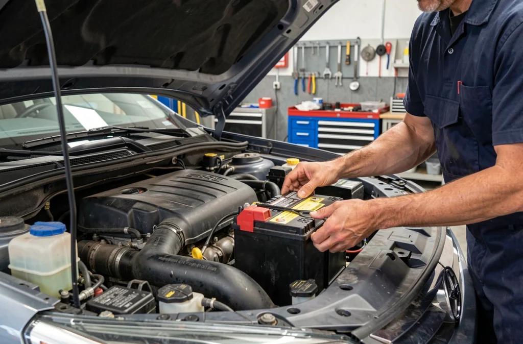 Remplacement d'une batterie sous le capot d'une voiture